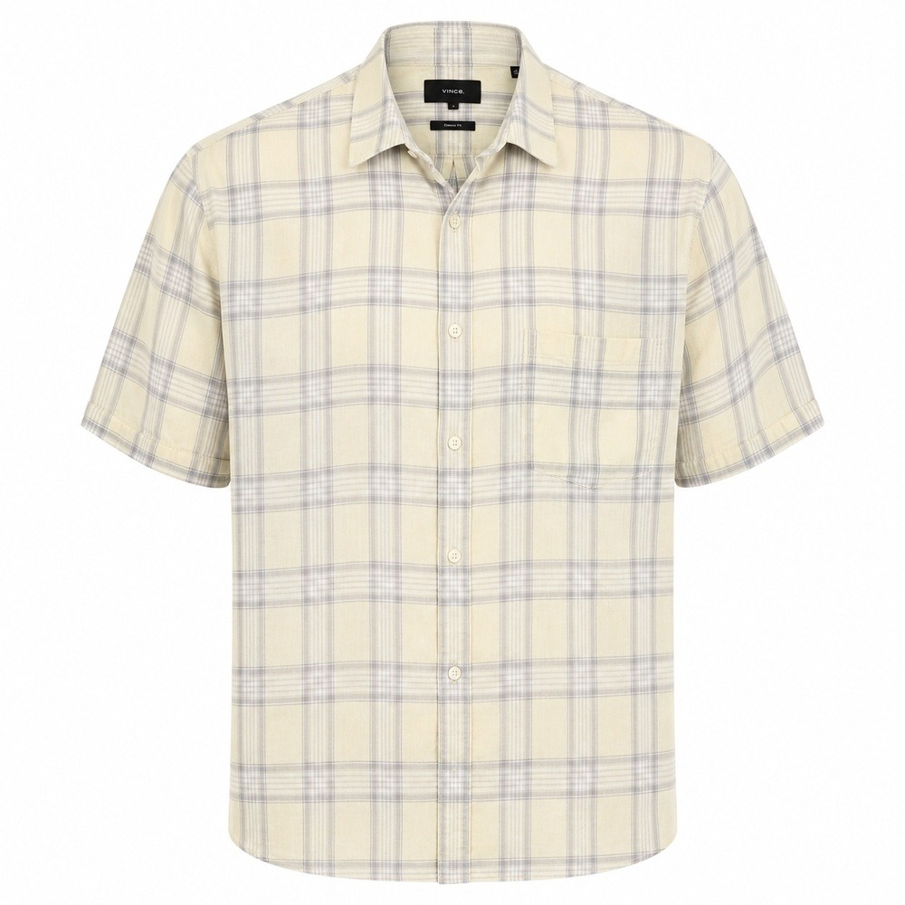 Vince Mens Yellow Grey Plaid Linen Cotton Short Sleeve Button Down Shirt Large
